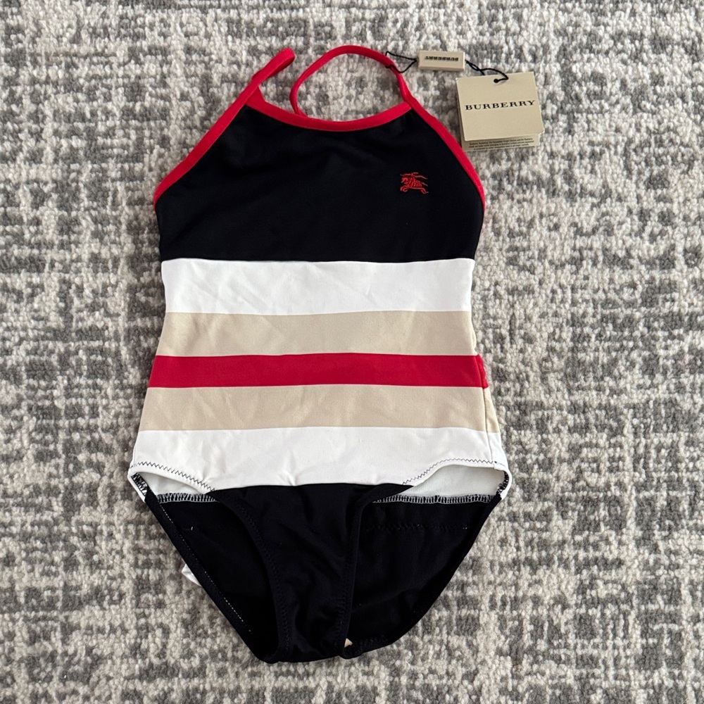 Burberry Kids One Piece Swimsuit - Black, Red, and Cream